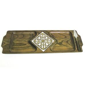 Art Wood Serving Tray & Spreader 21" Divided Dish Ceramic Stainless Charcuterie